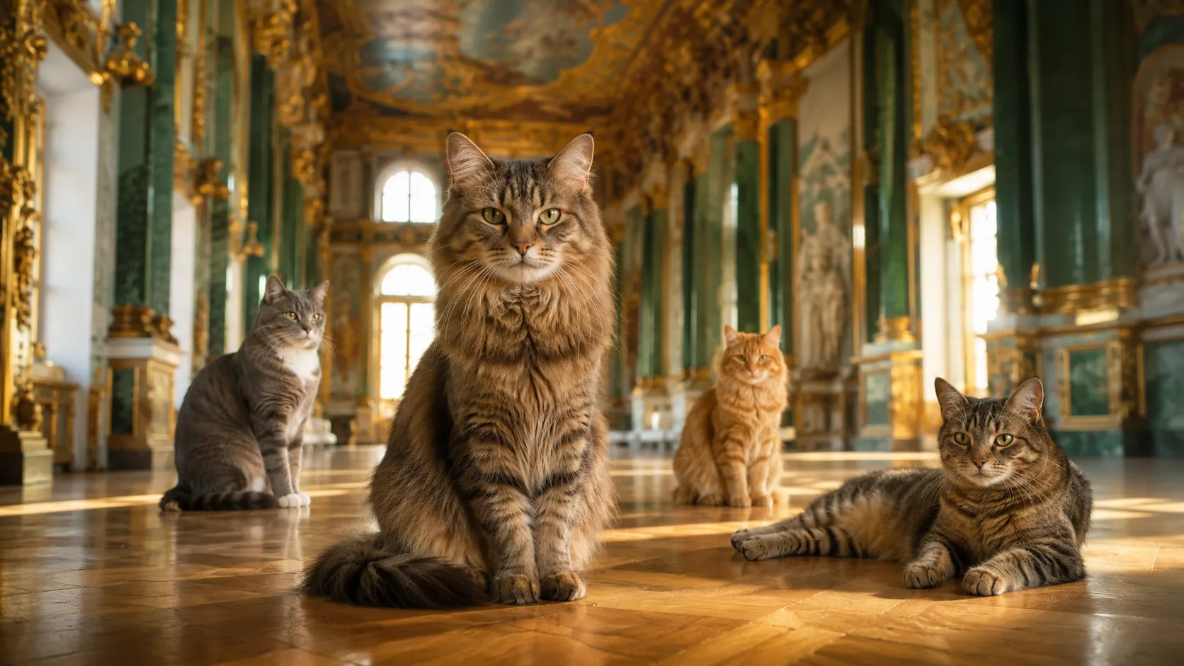 Several cats sitting and lounging on the parquet floor of a grand green-and-gold palace hall of the Hermitage